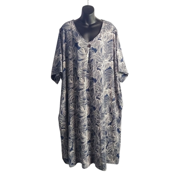 Ulla Popken Midi Dress Women's Blue White V-Neck Shortsleeve Plus Sz 32/34 NWT - Picture 2 of 11